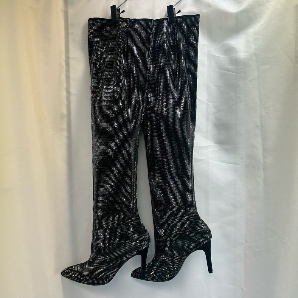 Call It Spring black rhinestone studded embellished bedazzled knee-high boots 9
